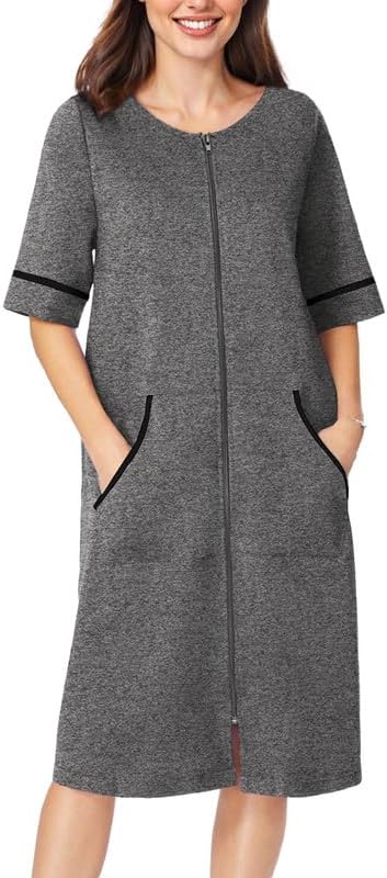 Ekouaer Women Zipper Robe Short Sleeve Duster Housecoat Short Bathrobes Zip Front Nightgown with Pockets S-3XL