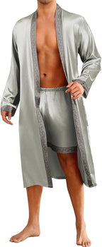 ChiaoLezhee Mens Satin Bath Robe with Shorts Set, Silk Paisley Kimono Lightweight, Soft Long Sleeve Sleepwear