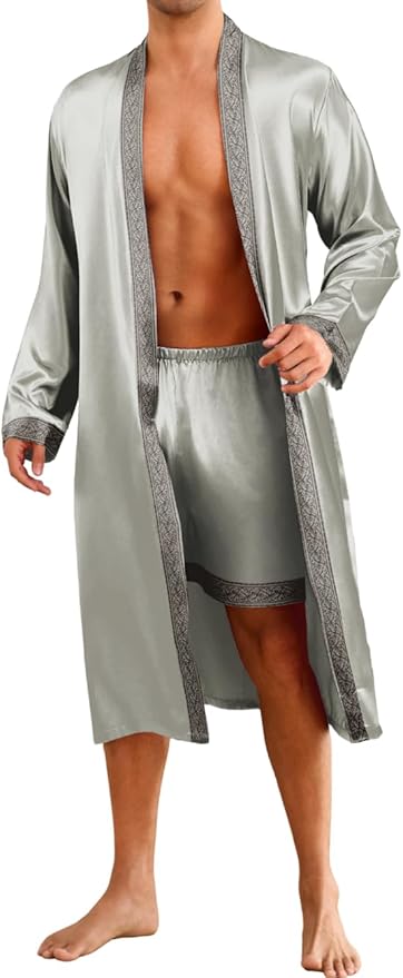 ChiaoLezhee Mens Satin Bath Robe with Shorts Set, Silk Paisley Kimono Lightweight, Soft Long Sleeve Sleepwear