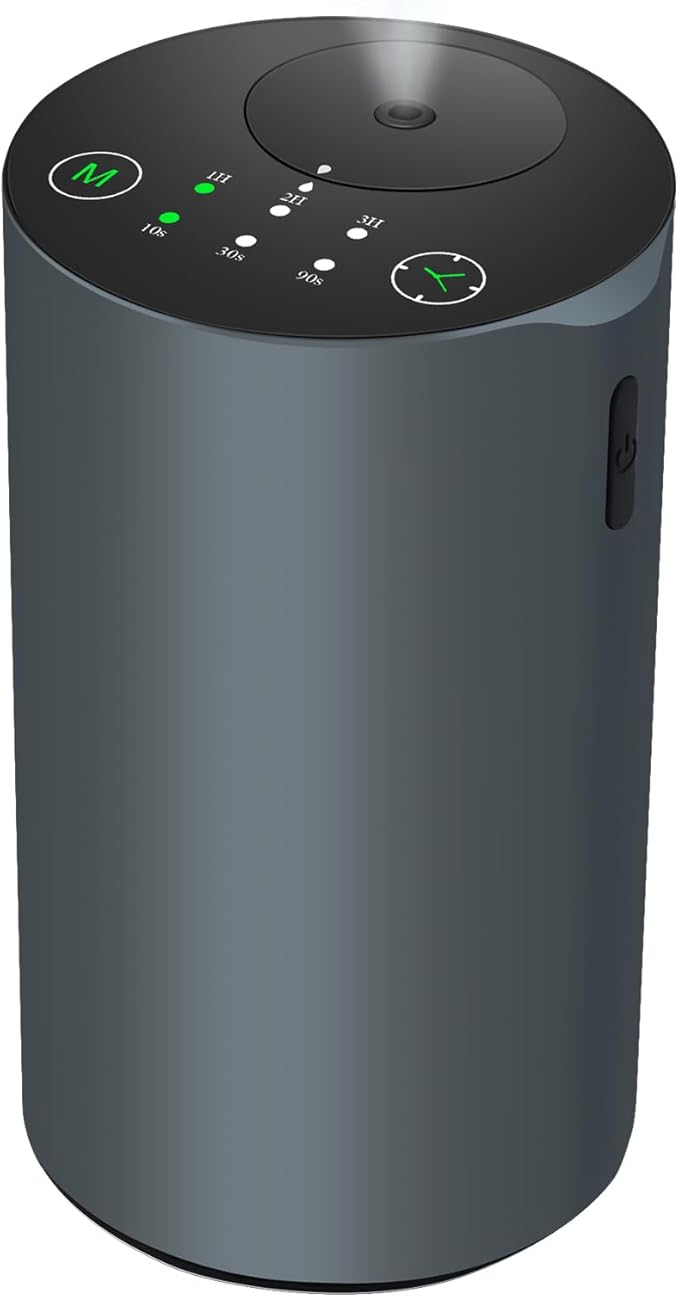 Waterless Essential Oil Diffuser, Battery Powered Mini Scent Air Machine, Aromatherapy Mist Diffuser for Home Room Car Office (Black Aluminum Alloy) (Grey)