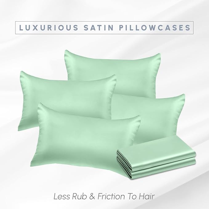 Elegant Comfort 6-Pack Cooling Viscose Satin Pillowcase Set with Hidden Zipper Closure, Silky Smooth for Best Hair and Skin Care-Beautiful Gift Box-6-Piece Satin Pillowcase Set, King, Mint Green