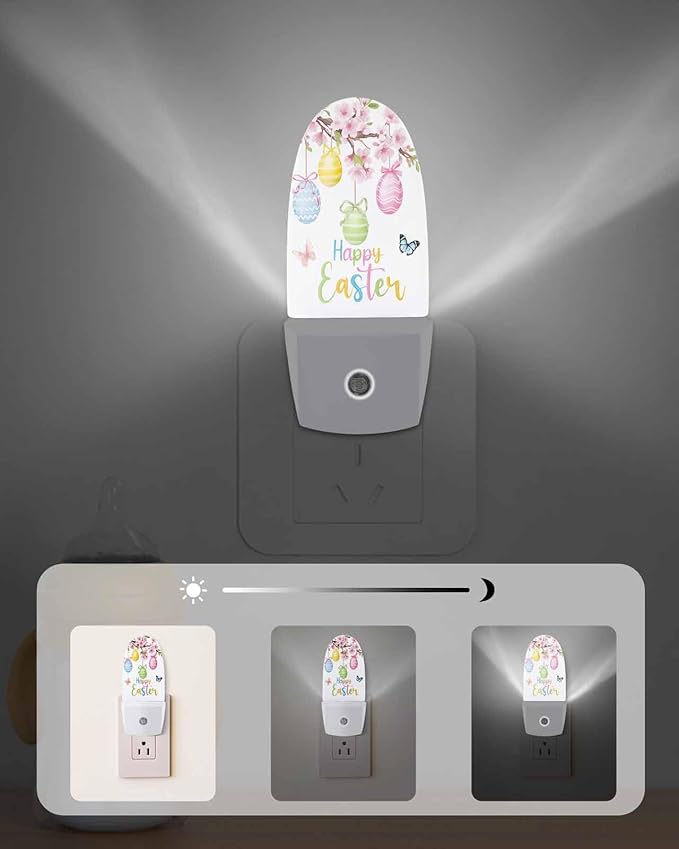 Easter Spring Pink Blossom Peach Night Light Plug into Wall, Eggs Flower Butterfly Popsicle Shape Night Light Nightlight with Light Sensors for Kids Bedroom Hallway
