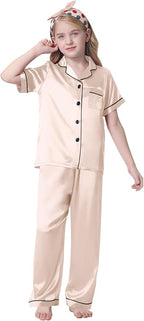 Umeyda Girls Womens Pajamas Set, Satin Silky Button Down Loungewear 2 Piece Short Sleeve Pants PJS Sets for Mommy Kids