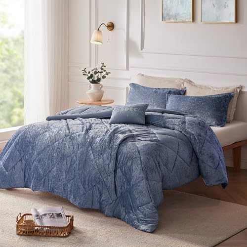 Intelligent Design Queen Comforter Set, Velvet Comforter Set , Luxury Diamond Quilting Comforter Set, Fluffy Comforter Bed Set with Decorative Pillowand 2 Shams, 4 Piece Blue, Full/Queen