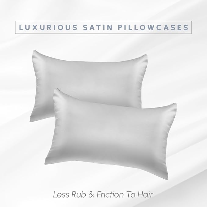 Elegant Comfort 2-Pack Cooling Viscose Satin Pillowcase Set with Hidden Zipper Closure, Silky Smooth for Best Hair and Skin Care-Beautiful Gift Box-2-Piece Satin Pillowcase Set, King, Silver Gray