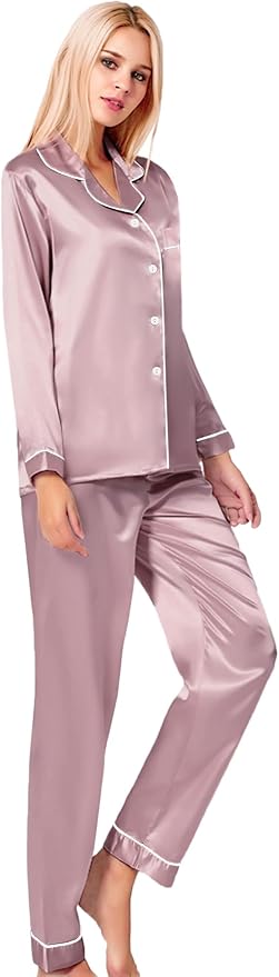 SWOMOG Womens Silk Satin Pajamas Set Long Sleeve Button Down Sleepwear 2 Piece Lounge Set Pj Set XS-3XL