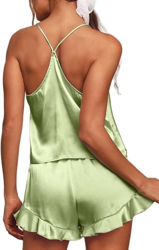 CHYRII Women's Sexy Silk Satin Ruffled Pajamas Sets Cami Shorts Sets Sleepwear