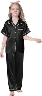 Umeyda Girls Womens Pajamas Set, Satin Silky Button Down Loungewear 2 Piece Short Sleeve Pants PJS Sets for Mommy Kids