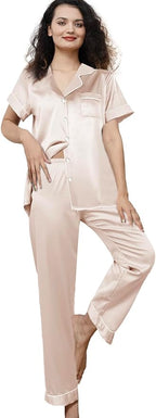 WJing Yi Jia Womens Pajamas Set XS-4XL Floral Silk Satin Pajama Sets Silky Pj Sets 2Pcs Loungewear Sleepwear Button Down Pjs