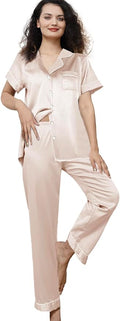 WJing Yi Jia Womens Pajamas Set XS-4XL Floral Silk Satin Pajama Sets Silky Pj Sets 2Pcs Loungewear Sleepwear Button Down Pjs