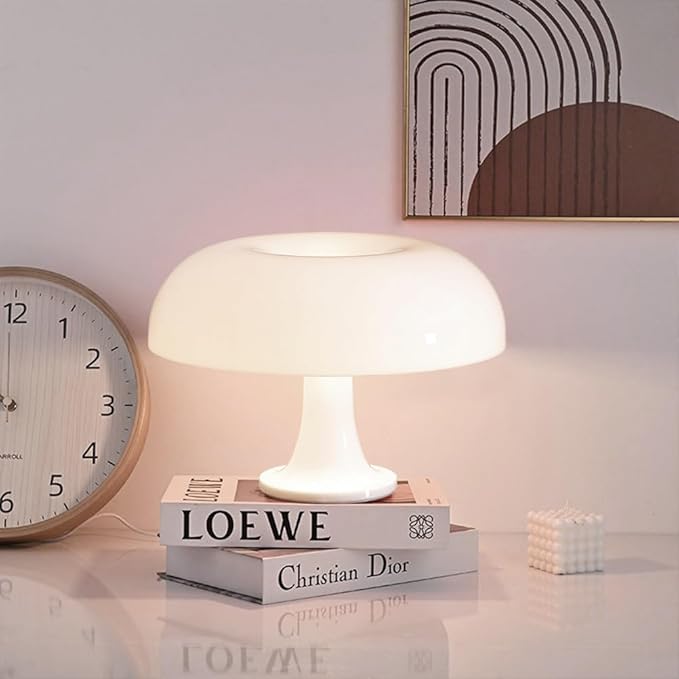 25W White Mushroom Lamp, LED Retro Table Lamp with 3 Color Temperatures and 4 Bulbs, Mid Century Modern Nightstand Light for Bedroom, Living Room, Office Aesthetic Decor, US Plug Powered, E14 Sockets
