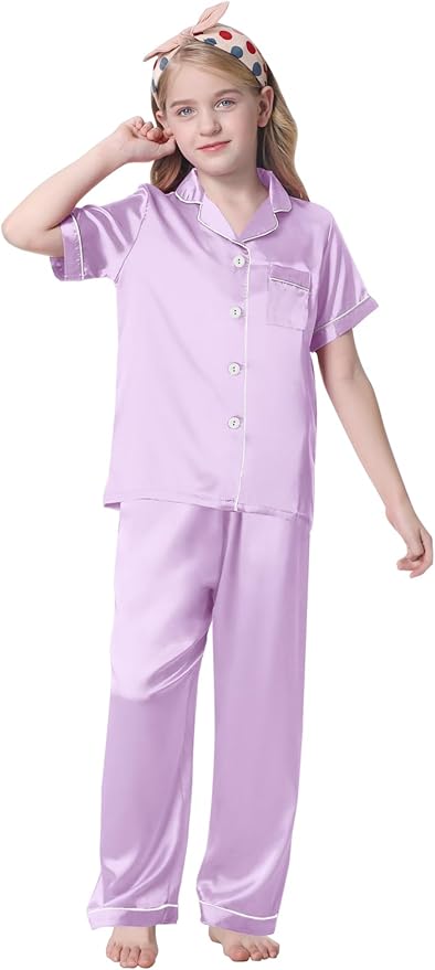 Umeyda Girls Womens Pajamas Set, Satin Silky Button Down Loungewear 2 Piece Short Sleeve Pants PJS Sets for Mommy Kids