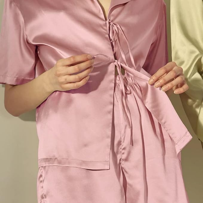 CHYRII Women's Silk Satin Pajamas Sets Tie Front Short Sleeve Tops and Shorts Two Piece Pj Sets Sleepwear
