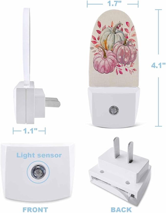 Night Light Plug into Wall, Fall Thanksgiving Day Peach Gray Pumpkins Botanical Leaves Hand Painted Beige Popsicle Shape Night Light LED Nightlight with Light Sensors for Kids Bedroom Hallway