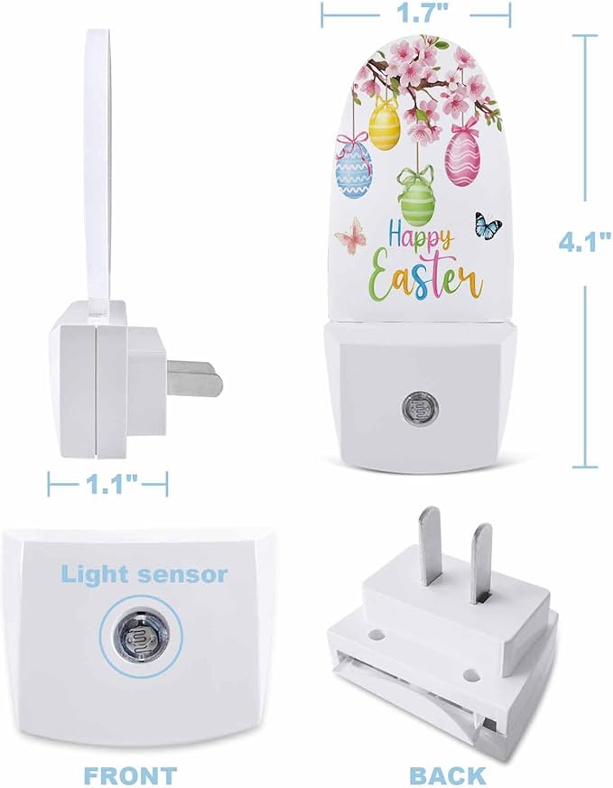 Easter Spring Pink Blossom Peach Night Light Plug into Wall, Eggs Flower Butterfly Popsicle Shape Night Light Nightlight with Light Sensors for Kids Bedroom Hallway