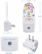 Easter Spring Pink Blossom Peach Night Light Plug into Wall, Eggs Flower Butterfly Popsicle Shape Night Light Nightlight with Light Sensors for Kids Bedroom Hallway
