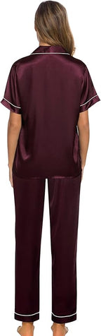 SWOMOG Women Satin Pajamas Set Short Sleeve Top & Pants Sleepwear Silky Button Down Nightwear 2pcs Loungewear Pjs Set