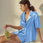 CHYRII Women's Silk Satin Pajamas Sets Tie Front Short Sleeve Tops and Shorts Two Piece Pj Sets Sleepwear