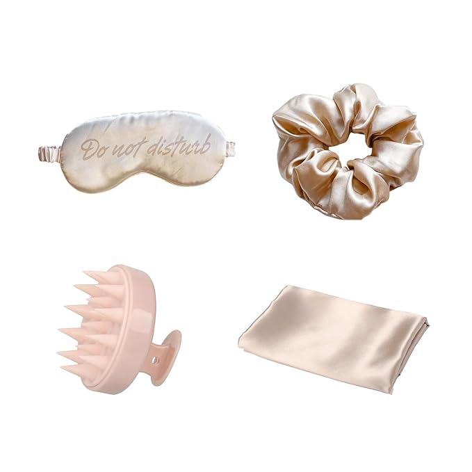 Holler And Glow Bedtime Basics Accessories Valentine's Day Set, Limited Edition, Sleep Eye Mask, Silk Scrunchie, Hair Growth Scalp Massager, Satin Pillowcase, Beauty Sleep For Women, 4 Piece Gift Set