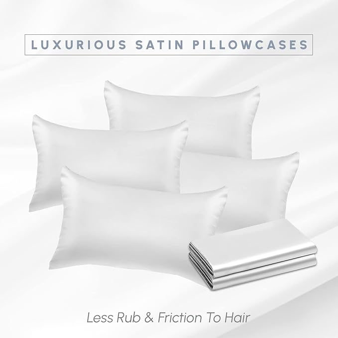Elegant Comfort 6-Pack White Standard/Queen Viscose Satin Pillowcase Set with Hidden Zipper Closure, 20" x 30"