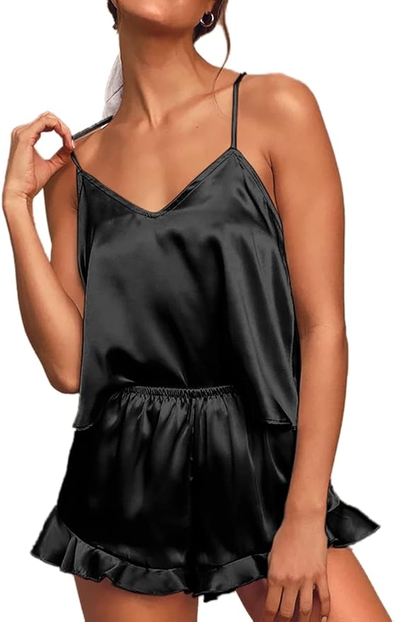 CHYRII Women's Sexy Silk Satin Ruffled Pajamas Sets Cami Shorts Sets Sleepwear