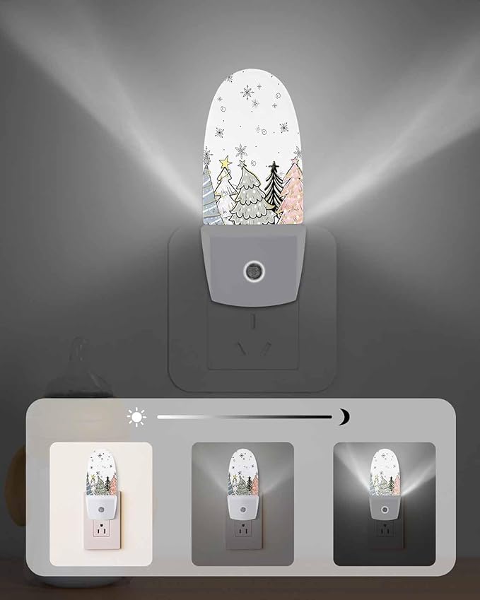 Night Light Plug into Wall, Christmas Day Winter Pine Trees Snowflakes Blue Sage Green Black Peach White Popsicle Shape Night Light LED Nightlight with Light Sensors for Kids Bedroom Hallway