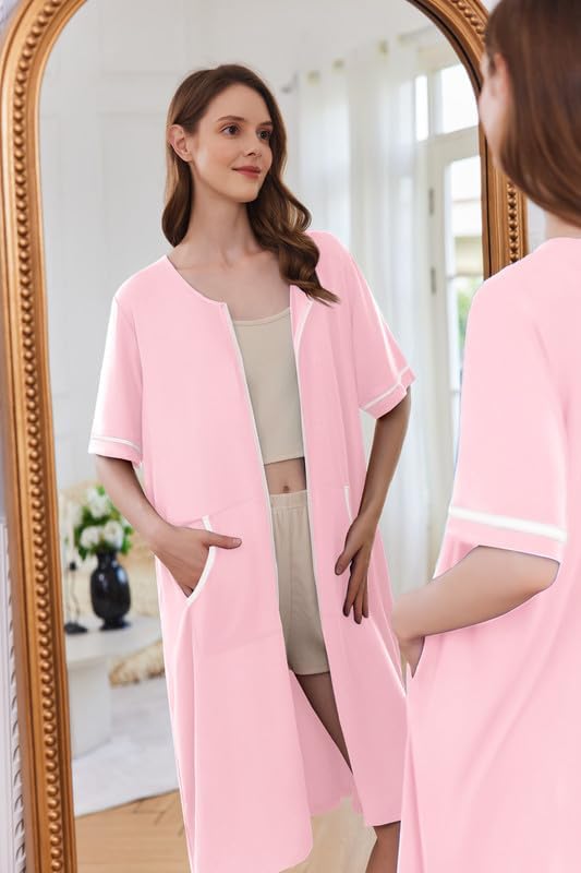 Ekouaer Women Zipper Robe Short Sleeve Duster Housecoat Short Bathrobes Zip Front Nightgown with Pockets S-3XL