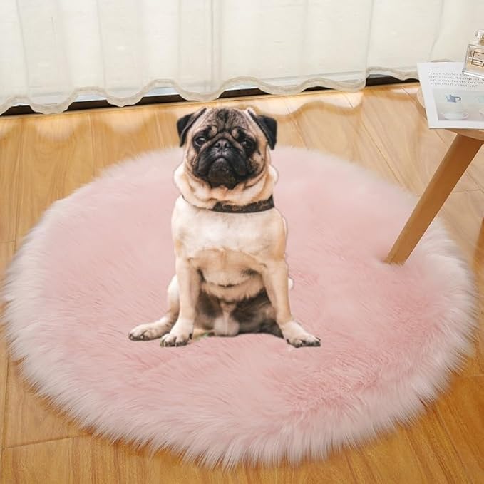 Faux Fur Round Area Rug Soft Fuzzy Carpet Fluffy Plush Mat Home Floor Decoration for Bedroom Living Room Bedside Pink 19.6inch