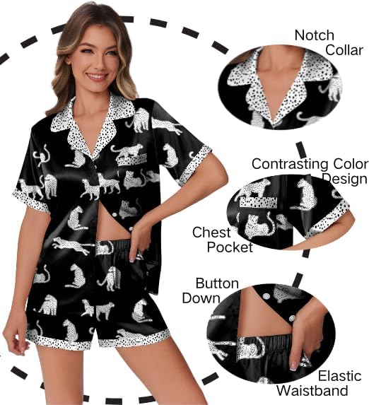 Ekouaer Womens Silk Satin Pajamas Set Animals Print Pjs Button Down Short Sleeve Lounge Set 2 Piece Sleepwear