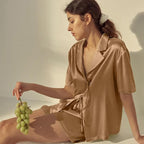 CHYRII Women's Silk Satin Pajamas Sets Tie Front Short Sleeve Tops and Shorts Two Piece Pj Sets Sleepwear