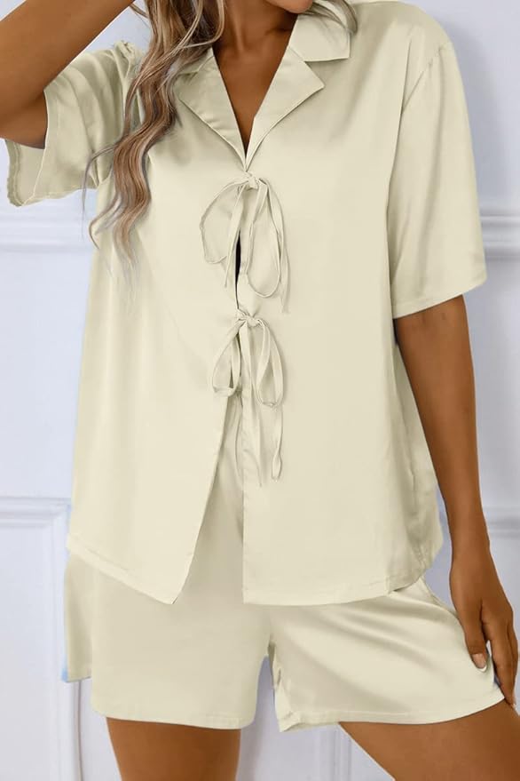 CHYRII Women's Silk Satin Pajamas Sets Tie Front Short Sleeve Tops and Shorts Two Piece Pj Sets Sleepwear