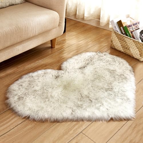 Faux Fur Sheepskin Heart Shaped Area Rugs, 16"x20" Luxurious Wool Love Floor Carpets Bathroom Non-Slip Mat for Home Decor Nursery Living Room Bedroom Pet Kids and Baby Room (White Grey)