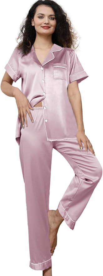 WJing Yi Jia Womens Pajamas Set XS-4XL Floral Silk Satin Pajama Sets Silky Pj Sets 2Pcs Loungewear Sleepwear Button Down Pjs