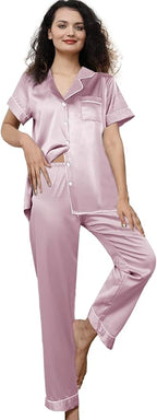 WJing Yi Jia Womens Pajamas Set XS-4XL Floral Silk Satin Pajama Sets Silky Pj Sets 2Pcs Loungewear Sleepwear Button Down Pjs