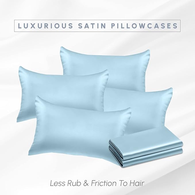 Elegant Comfort 6-Pack Baby Blue Satin Pillowcase Set with Hidden Zipper Closure, Silky Smooth for Hair and Skin Care - Standard/Queen