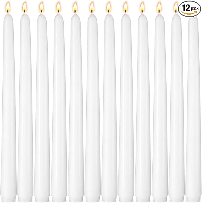 10-Inch White Taper Candles, 12 Pack Unscented and Dripless Candlesticks, Long-Lasting Burn Time of 7-8 Hours, Perfect for Home Décor, Weddings, and Events
