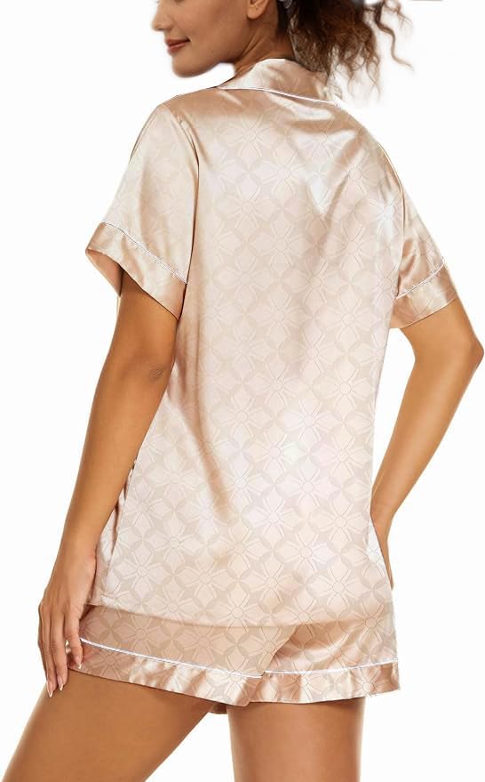 WJing Yi Jia Womens Silk Satin Pajamas Loungewear Two-Piece Sleepwear Button-Down Floral Pj Set XS-4XL