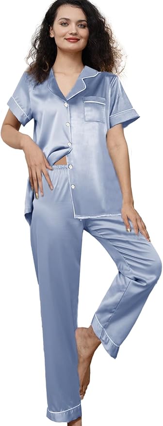 WJing Yi Jia Womens Pajamas Set XS-4XL Floral Silk Satin Pajama Sets Silky Pj Sets 2Pcs Loungewear Sleepwear Button Down Pjs