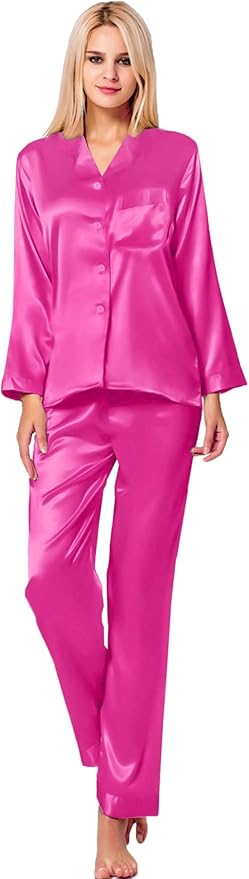 SWOMOG Long Sleeve Pajamas Set Silk Satin Sleepwear Button Down Pjs Loungewear with Pocket