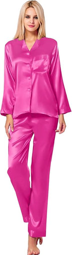 SWOMOG Long Sleeve Pajamas Set Silk Satin Sleepwear Button Down Pjs Loungewear with Pocket