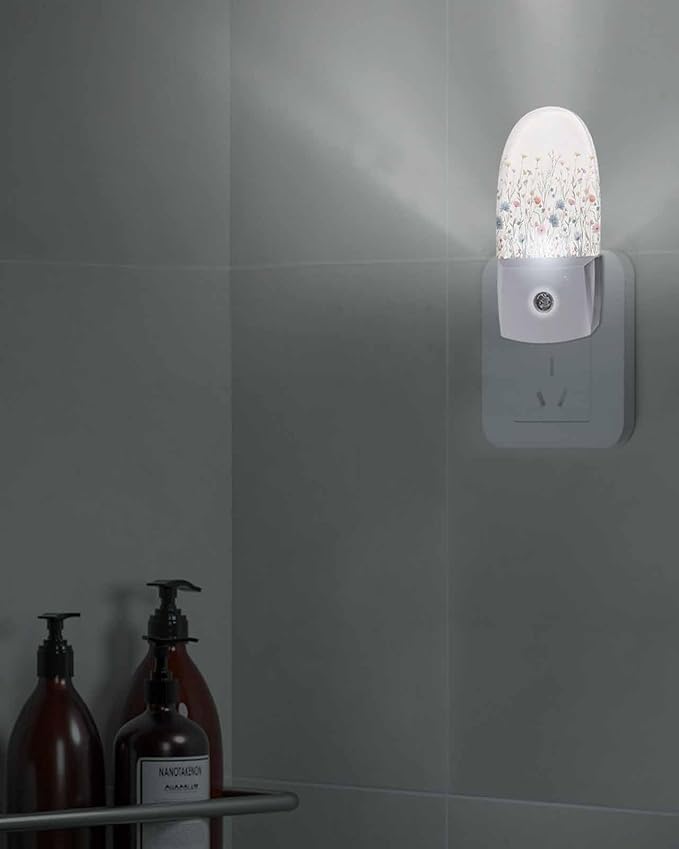 Night Light Plug into Wall, Spring Summer Purple Peach Orange Floral Flowers Leaves Country Beige Popsicle Shape Night Light LED Nightlight with Light Sensors for Kids Bedroom Hallway