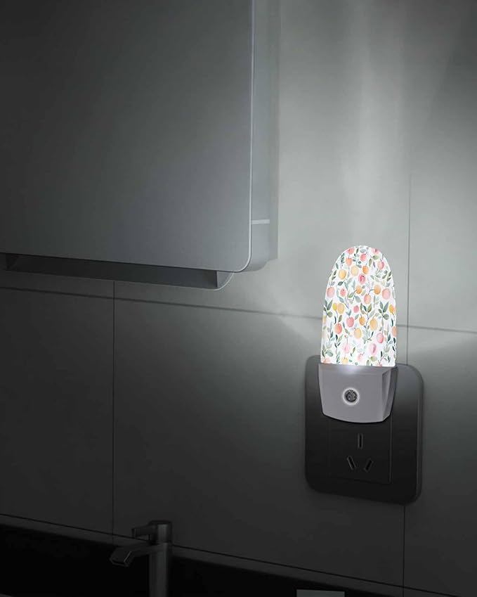Summer Watercolor Peach Orange Leaf Night Light Plug into Wall, Farmhouse Fruit Plant Popsicle Shape Night Light Nightlight with Light Sensors for Kids Bedroom Hallway