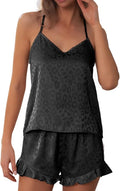 CHYRII Women's Sexy Silk Satin Ruffled Pajamas Sets Cami Shorts Sets Sleepwear