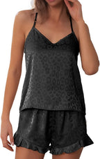 CHYRII Women's Sexy Silk Satin Ruffled Pajamas Sets Cami Shorts Sets Sleepwear