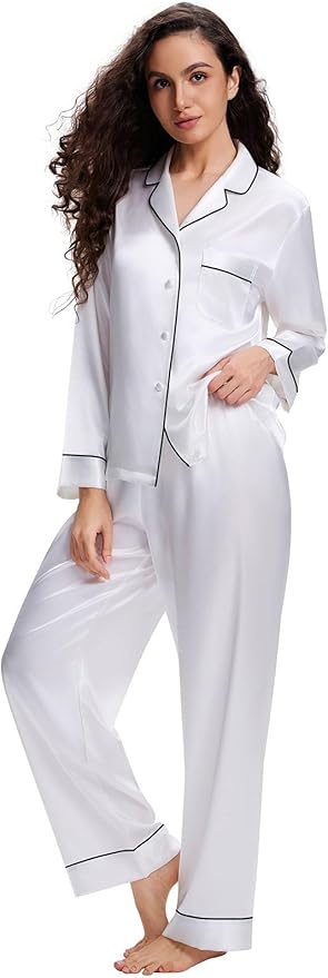 Lonxu Silk Satin Womens Pajama Sets Button Down Sleepwear Loungewear XS~3XL