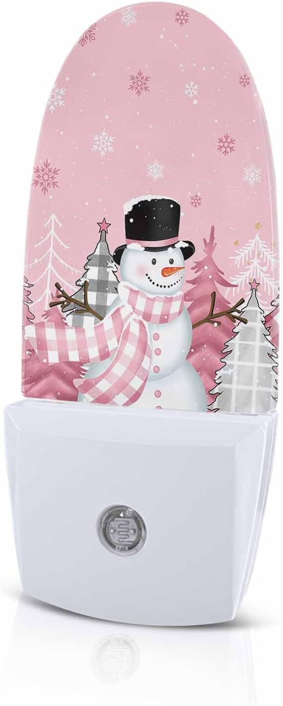 Night Light Plug into Wall, Winter Xmas Happy Snowman Grey Buffalo Checked Christmas Tree Snowflake Peach Popsicle Shape Night Light LED Nightlight with Light Sensors for Kids Bedroom Hallway