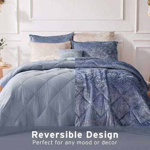 Intelligent Design Queen Comforter Set, Velvet Comforter Set , Luxury Diamond Quilting Comforter Set, Fluffy Comforter Bed Set with Decorative Pillowand 2 Shams, 4 Piece Blue, Full/Queen