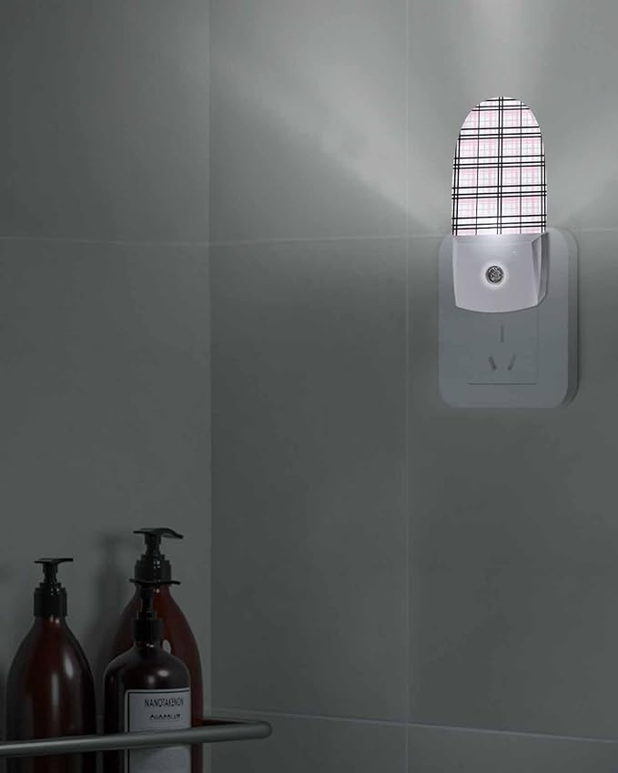 Night Light Plug into Wall, Lines Stripes Simple Art Buffalo Check Texture Peach Black White Popsicle Shape Night Light LED Nightlight with Light Sensors for Kids Bedroom Hallway