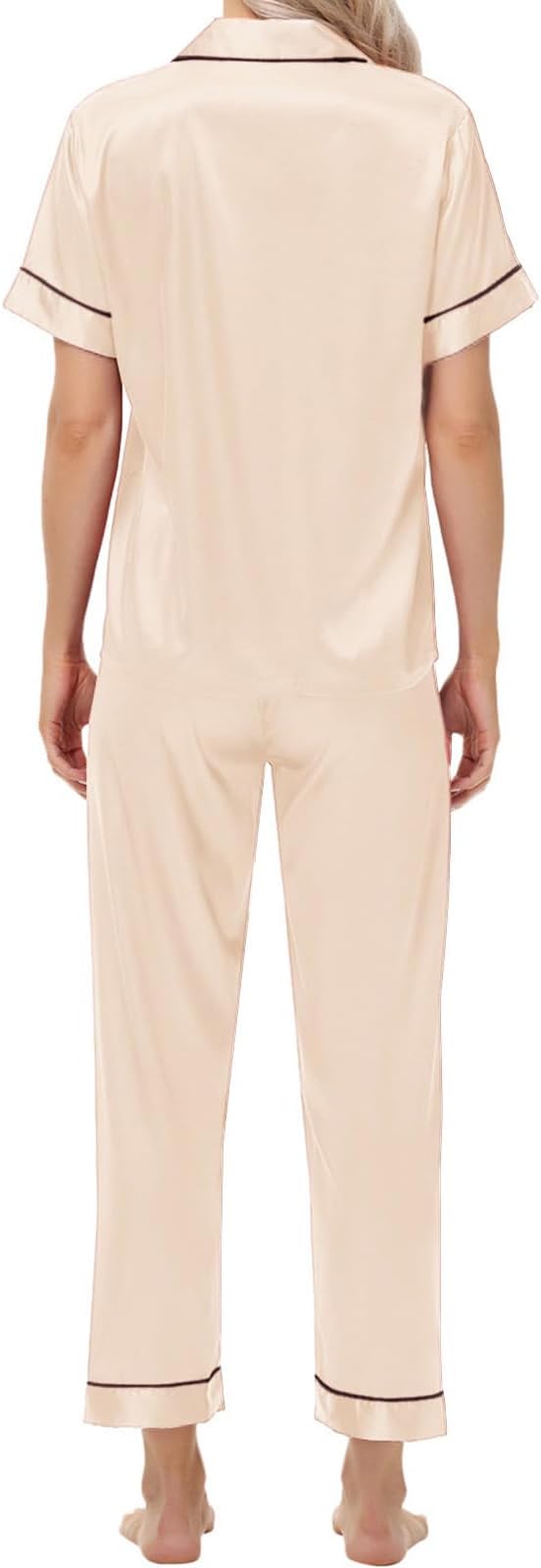 Women's Satin Pajama Set Short Sleeve Silk Top and Pants Set Classic Button Down 2-Piece Sleepwear Loungewear