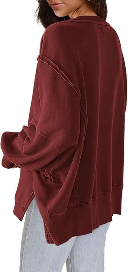 Nirovien Womens Oversized Crewneck Sweatshirt Side Slit Long Sleeve Pullover Slouchy Fit Tops